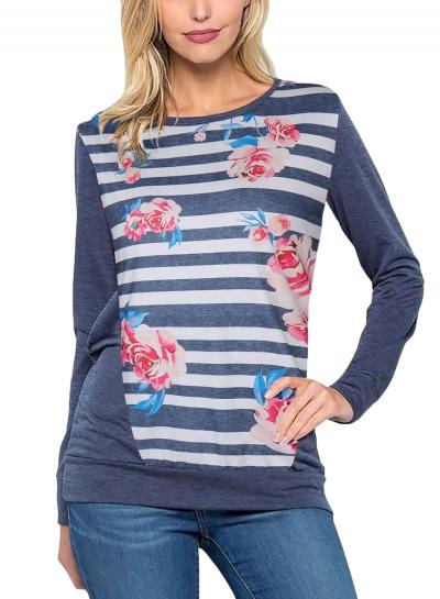 Oasap Round Neck Long Sleeve Striped Floral Printed Tee Shirt