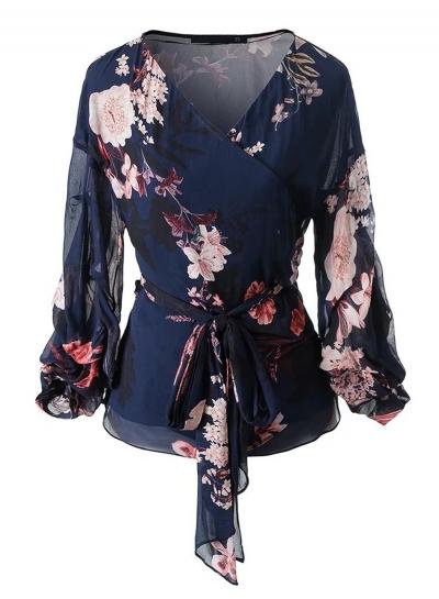 Oasap V Neck Long Sleeve Floral Printed Blouse With Belt