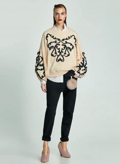 Oasap Round Neck Lantern Sleeve Rope Knot Sweatshirt