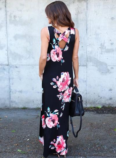 Oasap Black Floral Pocketed Holiday Maxi Boho Dress