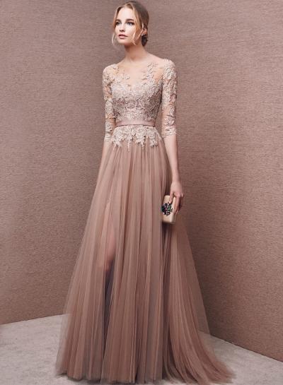 Oasap Lace Backless Half Sleeve Maxi Wedding Prom Dress