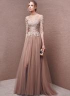 Oasap Lace Backless Half Sleeve Maxi Wedding Prom Dress