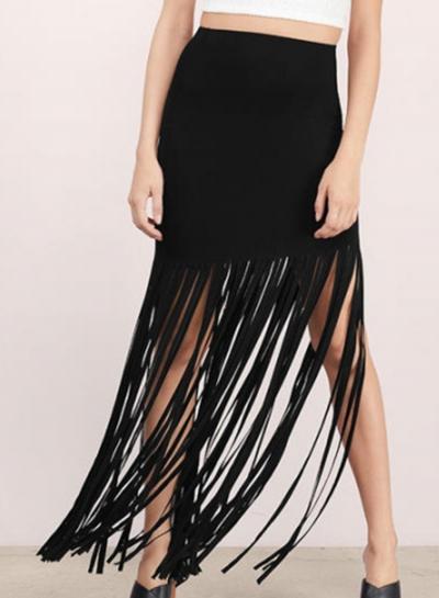 Oasap Solid Color Long Skirt With Tassels