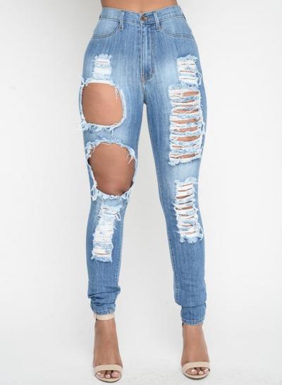 Oasap High Waist Broken Hole Denim Jeans Pants