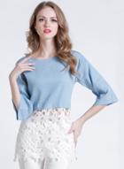 Oasap Round Neck Three Quarter Length Sleeve Lace Splicing Blouse
