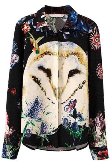 Oasap Whimsical Owl Pattern Button Down Shirt
