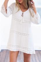 Oasap Elegant White Crochet Paneled Mini Shift Dress