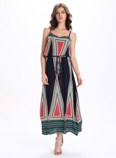 Oasap Spaghetti Strap Sleeveless Geo Printed Maxi Dress