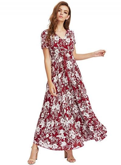 Oasap Boho V Neck Short Sleeve High Slit Floral Loose Maxi Dress