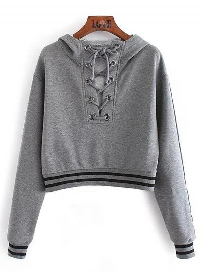 Oasap Fashion Eyelet Lace-up Stripe Trim Cropped Hoodie
