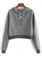 Oasap Fashion Eyelet Lace-up Stripe Trim Cropped Hoodie