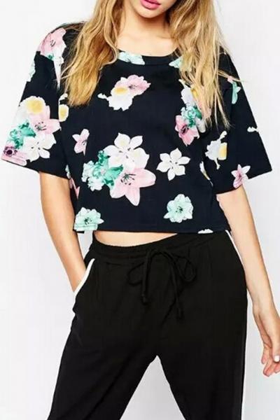 Oasap Black Floral Cute Crop Blouse