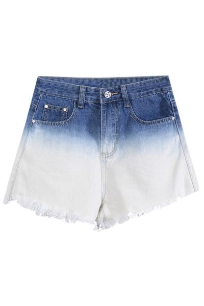 Oasap Chic Gradient Ramp Print Slant Pocket Frayed Denim Shorts