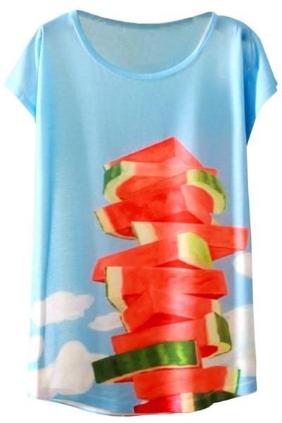 Oasap Fashion Watermelon Pattern Cap Sleeve Loose Fit Tee
