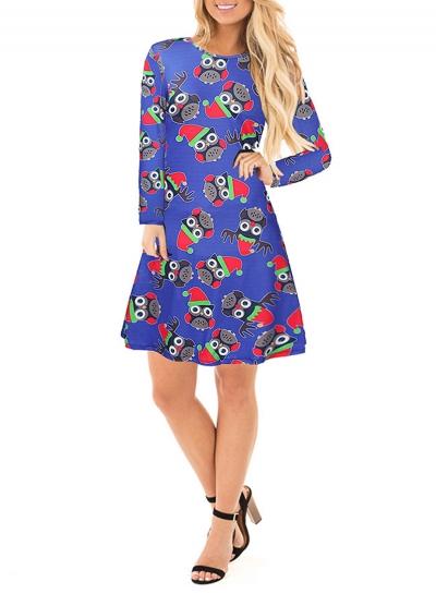 Oasap Round Neck Long Sleeve Christmas Owl Printed Midi Dress