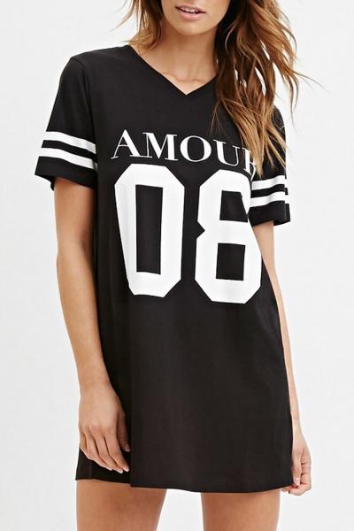 Oasap Casaul Figure Letter Print Short Sleeve Mini Shift Dress