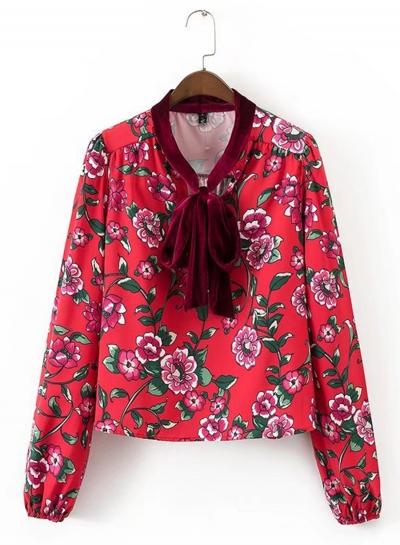 Oasap Round Collar Long Sleeve Floral Print Bow Blouse