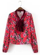Oasap Round Collar Long Sleeve Floral Print Bow Blouse