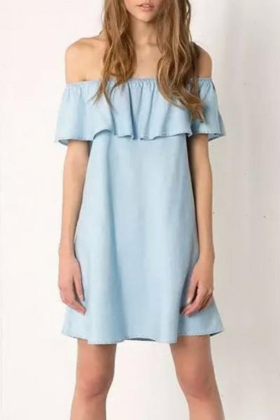 Oasap Light Blue Off-shouler Denim Dress