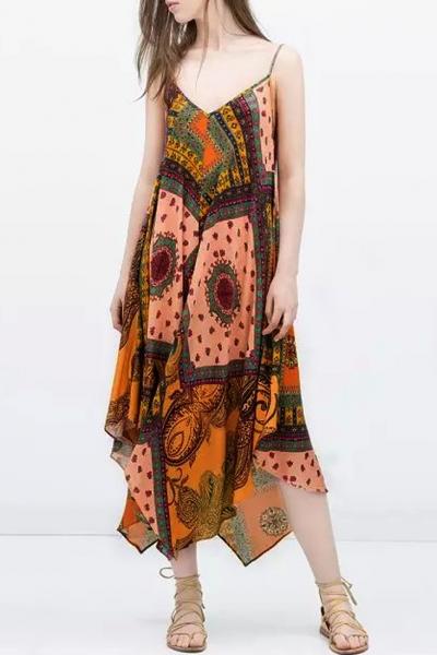 Oasap Bohemian Print Irregular Bottom Hem Cami Dress