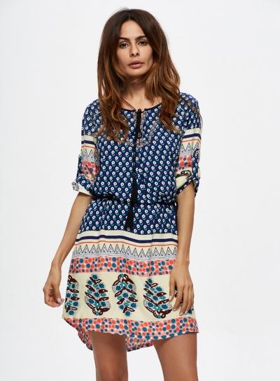 Oasap Round Neck Half Sleeve Print Dress With Tassel