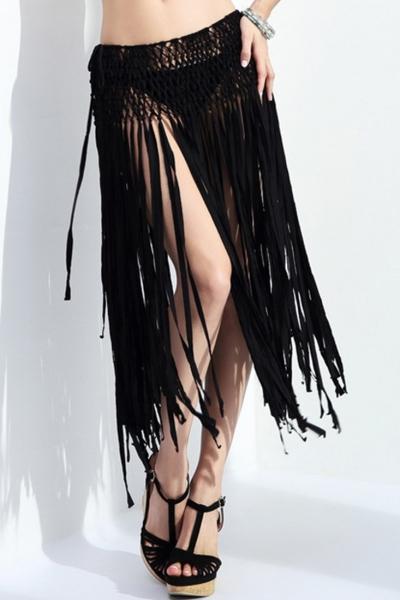 Oasap Sheer Crochet Fringed Midi Skirt