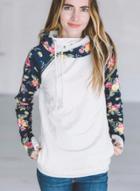 Oasap Long Sleeve Floral Print Drawstring Hood Zipper Sweatshirt