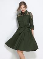 Oasap 3/4 Sleeve Floral Embroidery A-line Dress With Belt