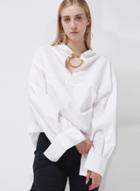 Oasap Long Sleeve Solid Color Metal Decoration Hollow Out Reversible Button Down Shirt