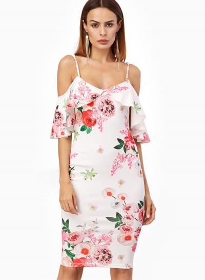 Oasap Spaghetti Strap Flounce Sleeve Floral Printed Dresses