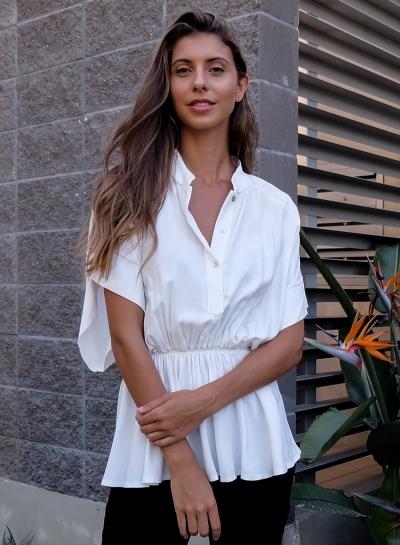 Oasap Stand Collar Short Sleeve Button Down Blouse