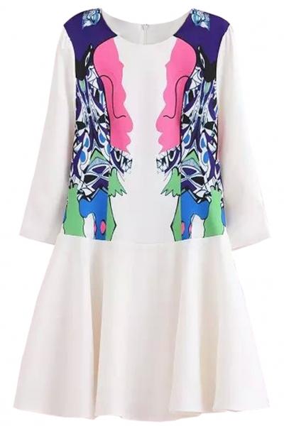 Oasap Sweet White Graphic Print Flare Dress