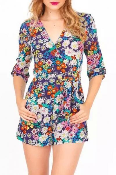 Oasap Floral Print 3/4 Sleeve Romper