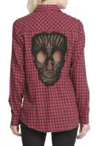 Oasap Burgundy Plaid Hollow-out Lace Skull Pattern Shirts