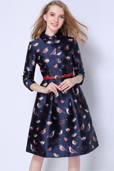 Oasap Fashion Birds Printing Stand Collar Dress