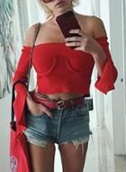 Oasap Long Sleeve Off Shoulder Cropped Knit Tee
