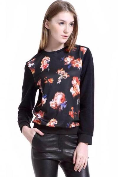 Oasap Vintage Graphic Floral Pattern Black Sweatshirt