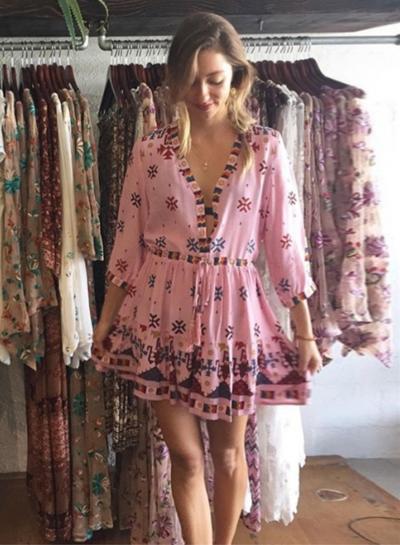 Oasap V Neck 3/4 Sleeve Printed Mini Dress