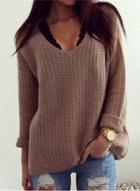 Oasap V Neck Long Sleeve Solid Loose Pullover Sweater