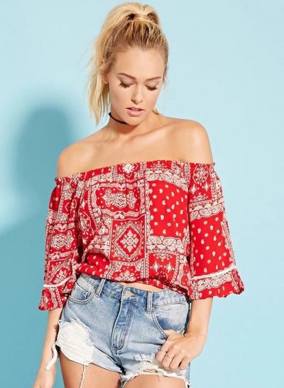 Oasap Ethnic Slash Neck Half Sleeve Blouse
