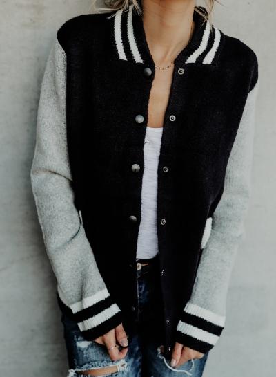 Oasap Band Collar Long Sleeve Color Block Snap Baseball Jacket