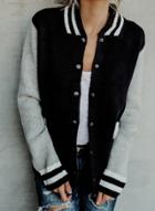Oasap Band Collar Long Sleeve Color Block Snap Baseball Jacket