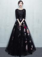 Oasap Elegant Lace Half Sleeve Floral Maxi Prom Dress