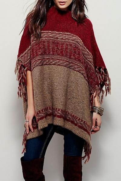 Oasap Chic Print Tasseled Mock Neck Loss Fit Poncho