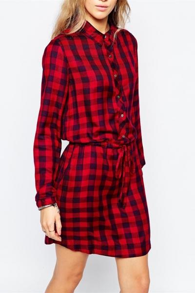 Oasap Classic Red Plaid Belted Button Front Dress