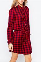 Oasap Classic Red Plaid Belted Button Front Dress