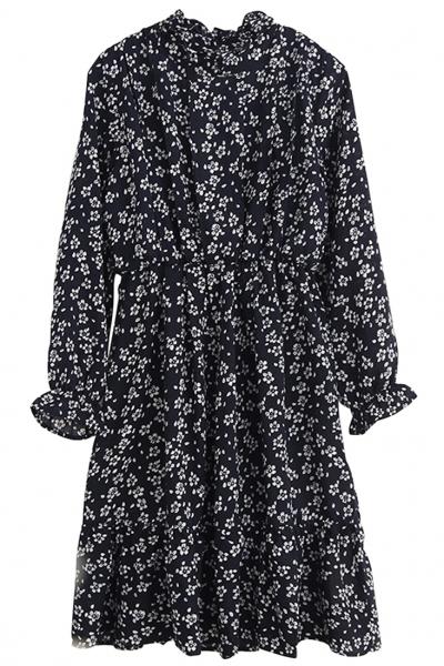 Oasap Dark Blue Floral Print Waisted Dress