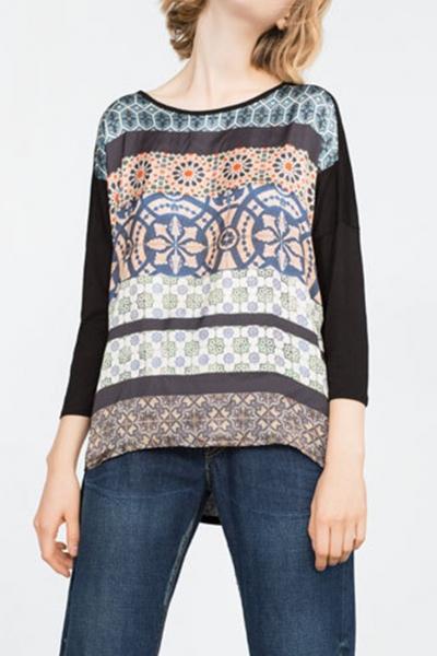 Oasap National Wind Print High Low Round Neck Blouse