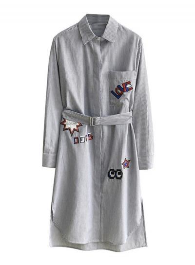 Oasap Turn Down Collar Long Sleeve Striped Embroidery Dress