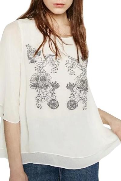 Oasap Women's Round Neck Three Quarter Sleeve Double Layer Embroidery Blouse